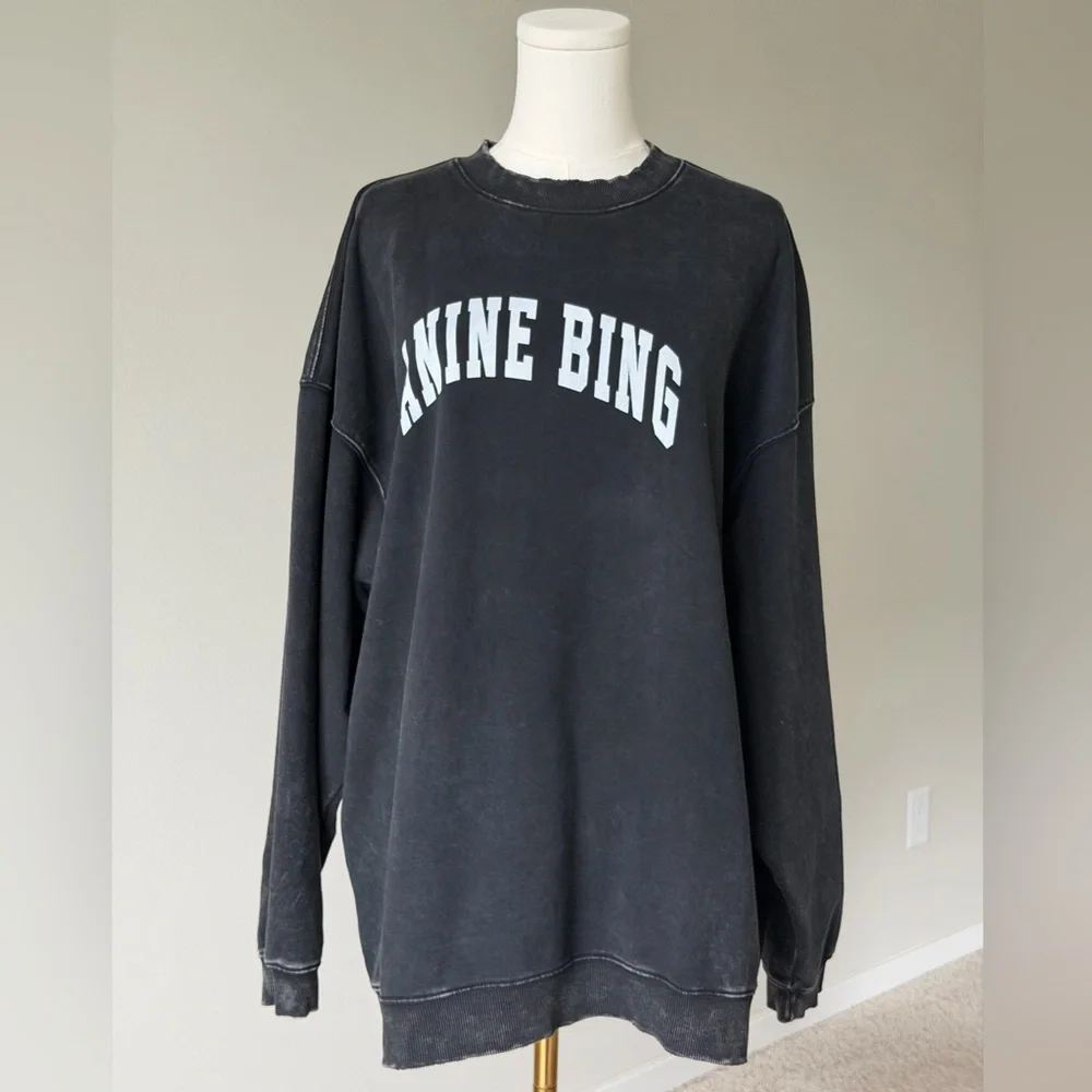 Anine Bing Tyler Cotton Logo Washed Black Crew Neck Sweatshirt-Scandi Girl Style - Picture 2 of 16